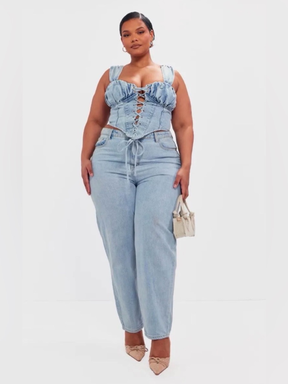 PrettyLittleThing Plus Vintage Ruched Denim Lace Up Corset Size 24 NWT - Picture 3 of 5